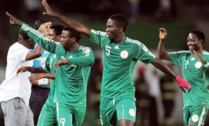 ready to go ... Flying Eagles players celebrate in one of their matches at the last African Youth Championship. Flying Eagles are set to take on the World at the FIFA U-20 Championship in New Zealand.